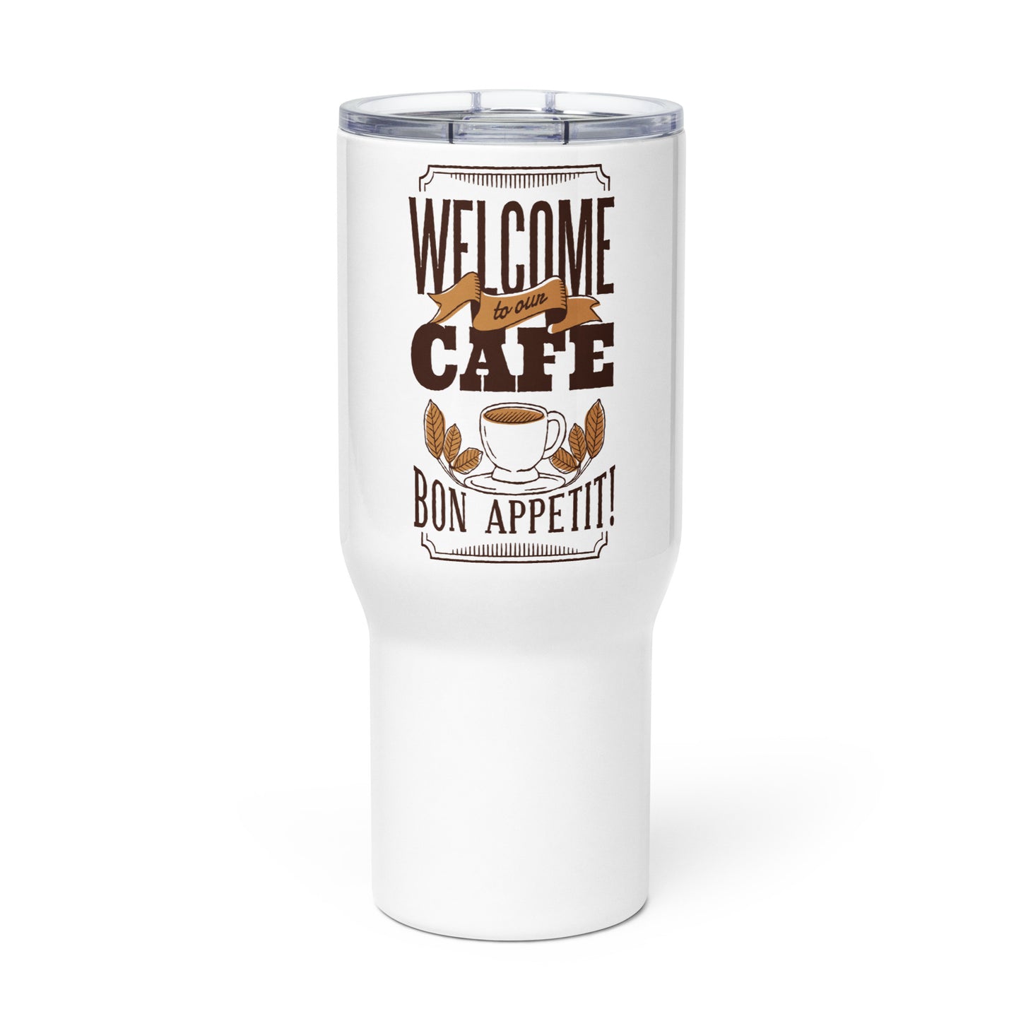 welcome to oun cafe – willkommen zu unserem kaffee - reisebecher mit griff