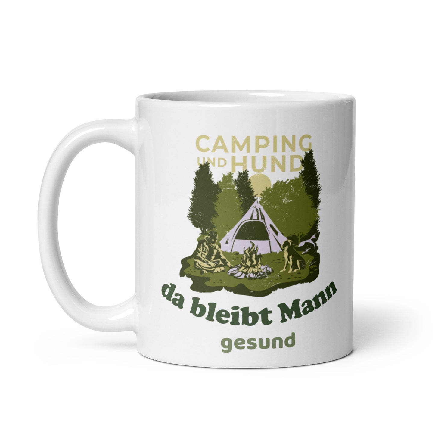 camping und hund, da bleibt mann gesund – weiße, glänzende tasse