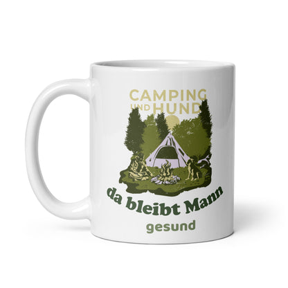 Camping und Hund, da bleibt Mann gesund – Weiße, glänzende Tasse