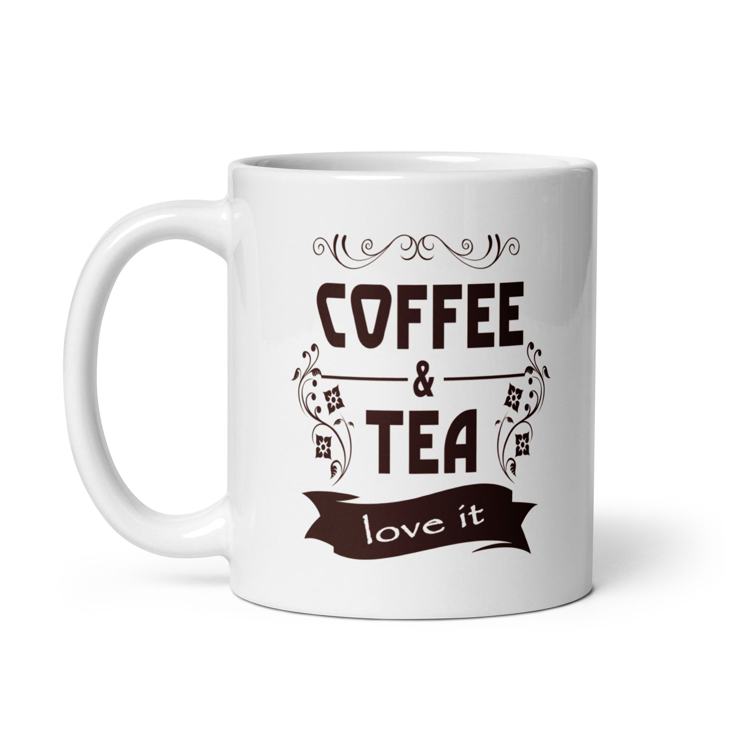 coffee & tea - love it - kaffee und tee - liebe es - weiße, glänzende tasse