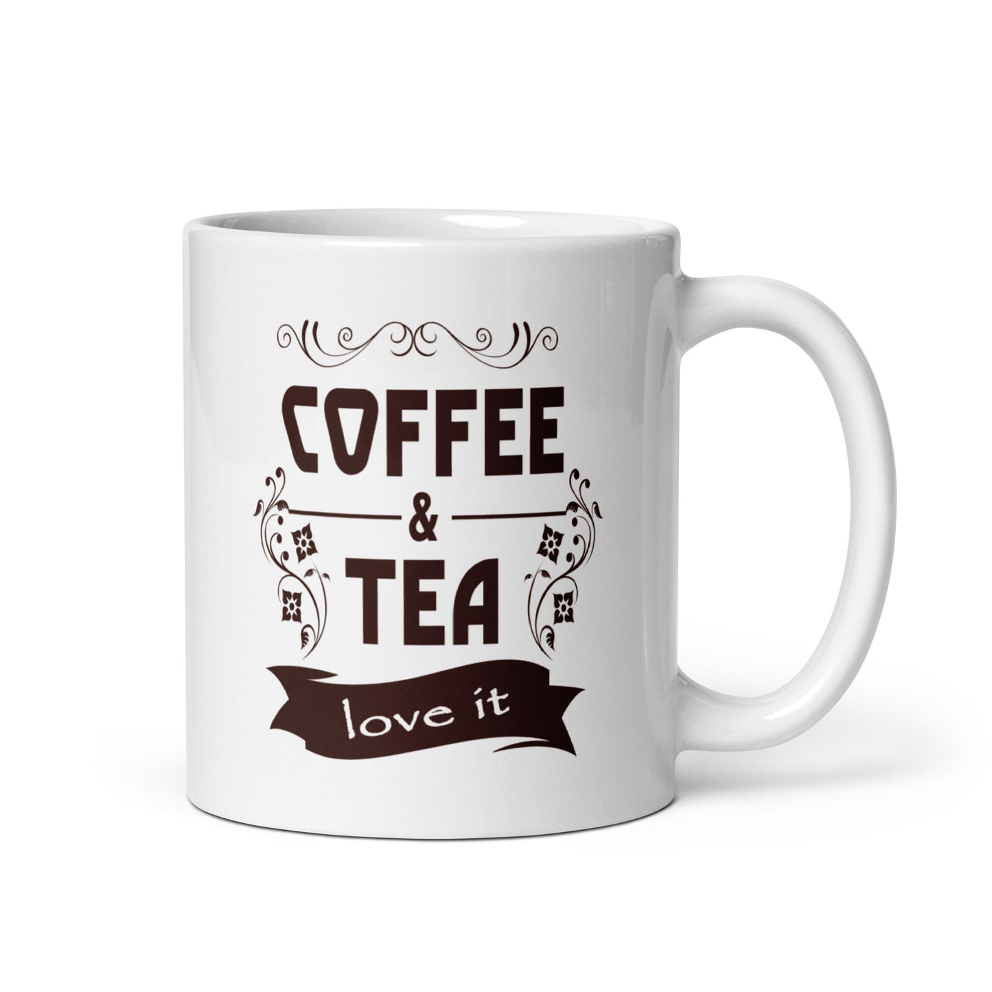 coffee & tea - love it - kaffee und tee - liebe es - weiße, glänzende tasse